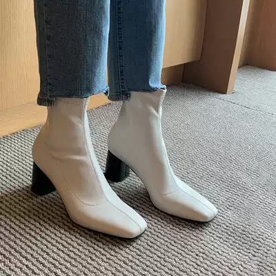 Earn enough to turn back rate ~ SW thin elastic short boots female spring and autumn high heels square head single boots Net Red rough heel Martin boots