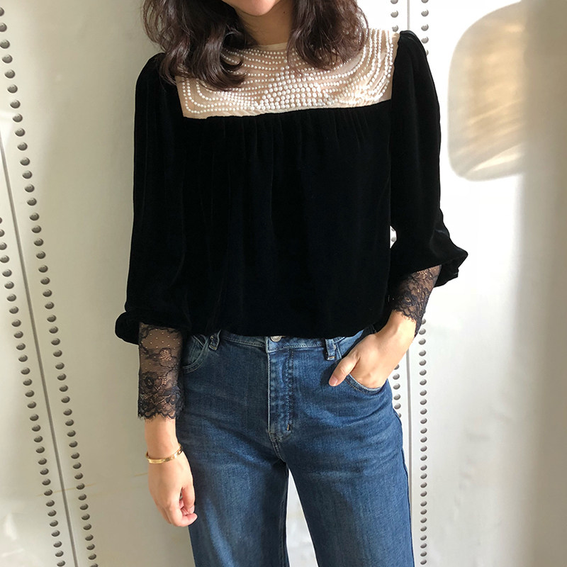 Simplicity and gorgeousness coexist beautiful heavy industry multi-layer beaded hollow collar silk velvet shirt 1111A8