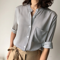 Classic OL single product intellectual temperament stripe Henry collar single pocket stretch silk shirt 20 summer 0506A2