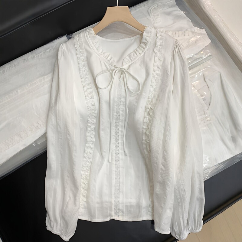 French-Style Gentle Lace-Up Floral Collar White Shirt for Women, New Autumn Model, Unique and Youthful V-Neck Top French-Style Gentle Lace-Up Floral Collar White Shirt for Women, New Autumn Model, Unique and Youthful V-Neck Top