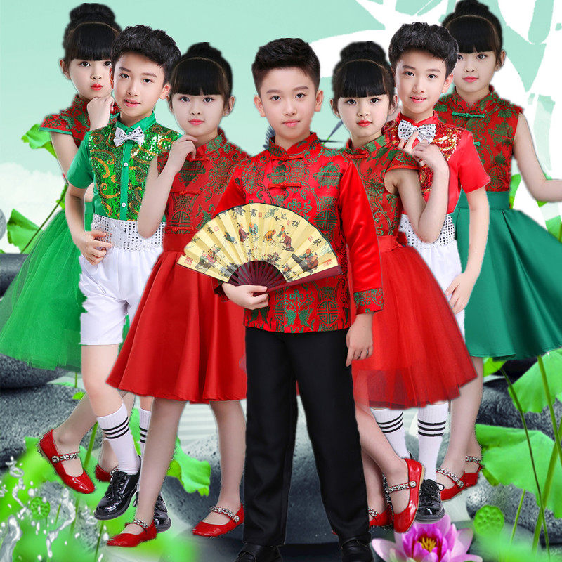 61 children open the door red and happy to perform Tang costume primary and middle school children's chorus serve male girl's poetry recitation of clothes-Taobao