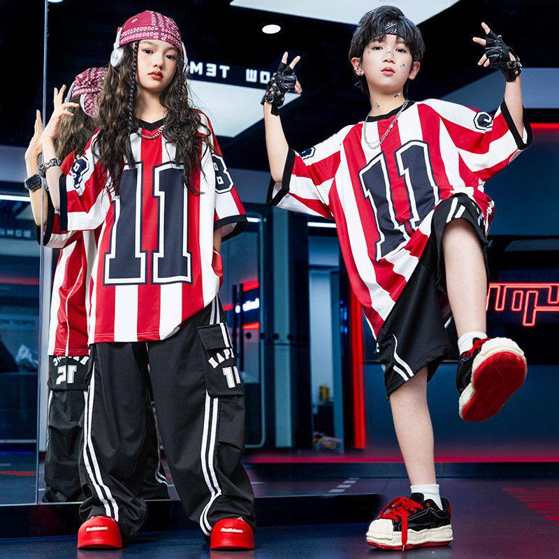 儿童街舞爵士舞服装 | 炸街红白条纹套装潮!少儿hiphop嘻哈酷帅演出服,让宝贝成为舞台焦点!-更多舞蹈服装-淘宝好物网