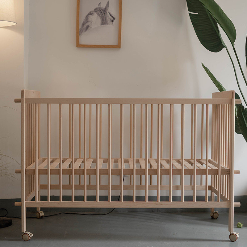 Solid wood crib without lacquered environmentally-friendly beech wood large bed splicing multifunctional baby bed adjustable high detachable universal wheel