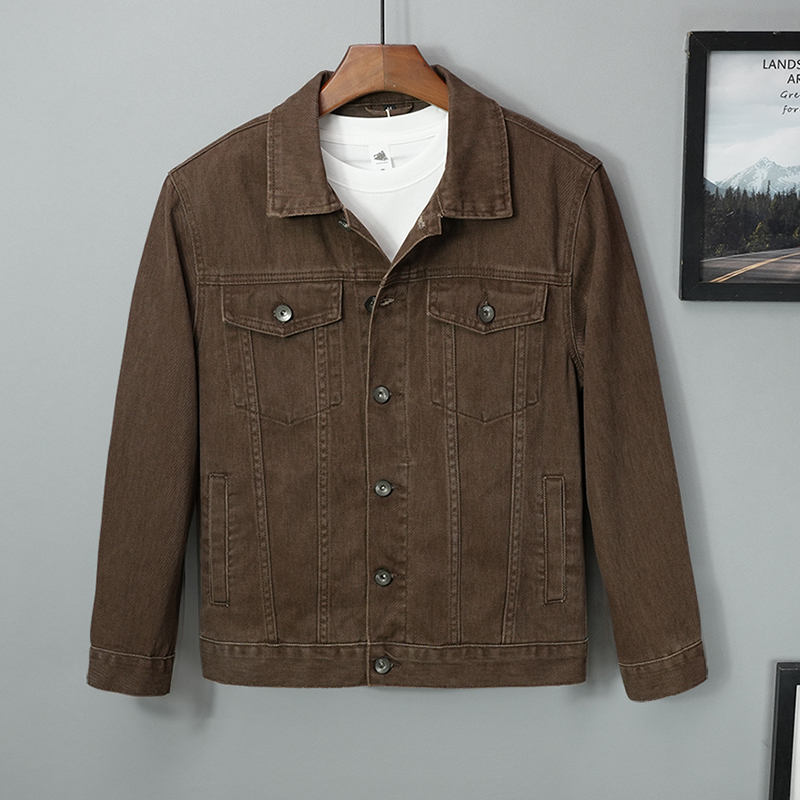 All-Cotton Stylish Brown Denim Jacket for Men, High-End Casual Short Jacket for Spring and Autumn, Pure Cotton Brown Top for Fall and Winter