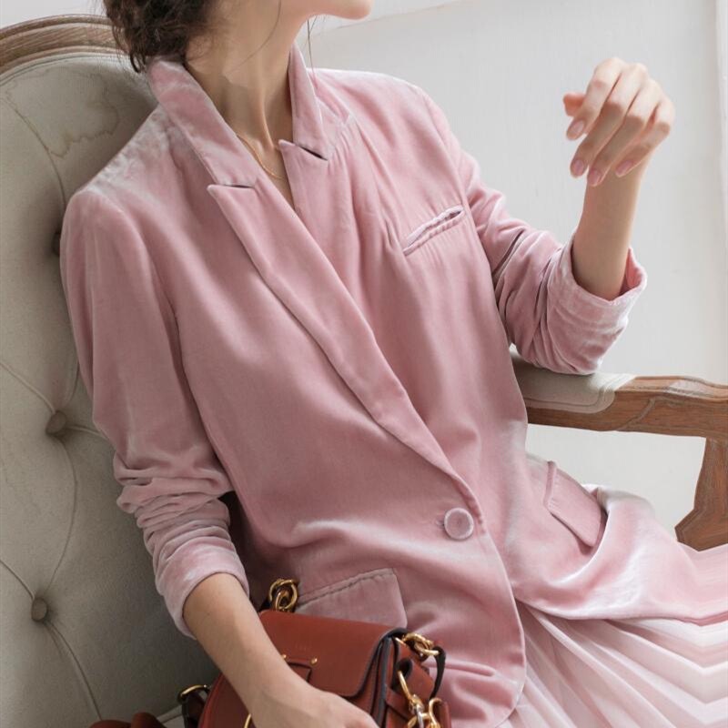 Pink Silk Velvet Blazer for Women, Korean Style, Autumn Ol Loose Fit, Waist-Cinching, Lapel, Single Button, Professional Velvet Jacket