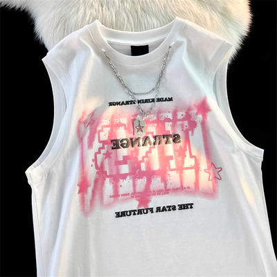 American streetwear brand printed necklace, sleeveless T-shirt, vest, loose for men and women, street style, Hong Kong-style chic couple's waistcoat