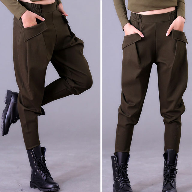 2024 Spring and Summer Thin Stretch Large Size Elastic Waist Small Leg Pants Loose Casual Harem Pants Army Green Women's Trousers