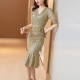 Celebrity spring and summer new slim V-neck floral dress waist cover belly slim dress bag hip mid-length fishtail skirt