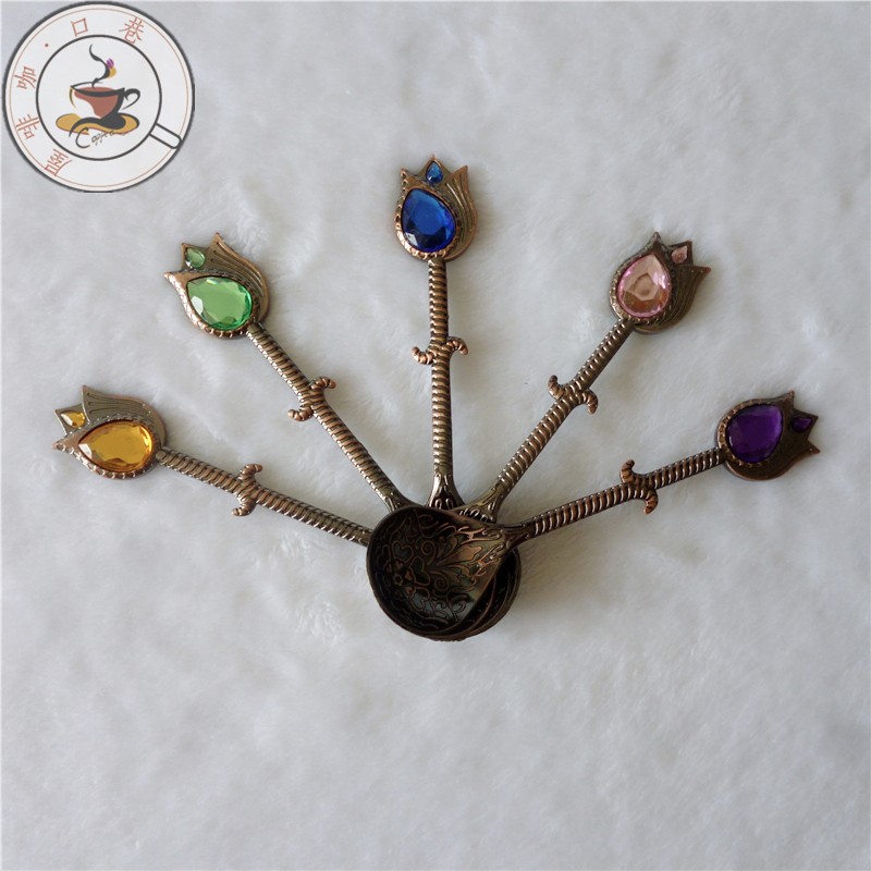 Foreign trade Dubai ancient bronze color coffee spoon Mediterranean tea spoon zinc alloy spoon European style retro inlaid jewel sweet spoons