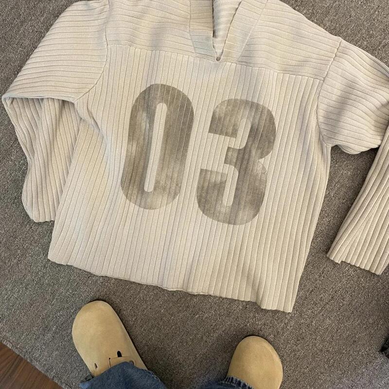 American Retro Versatile Unisex Trendy Printed V-Neck Sweater Knitted Long-Sleeve Rugby Jersey Sporty Style