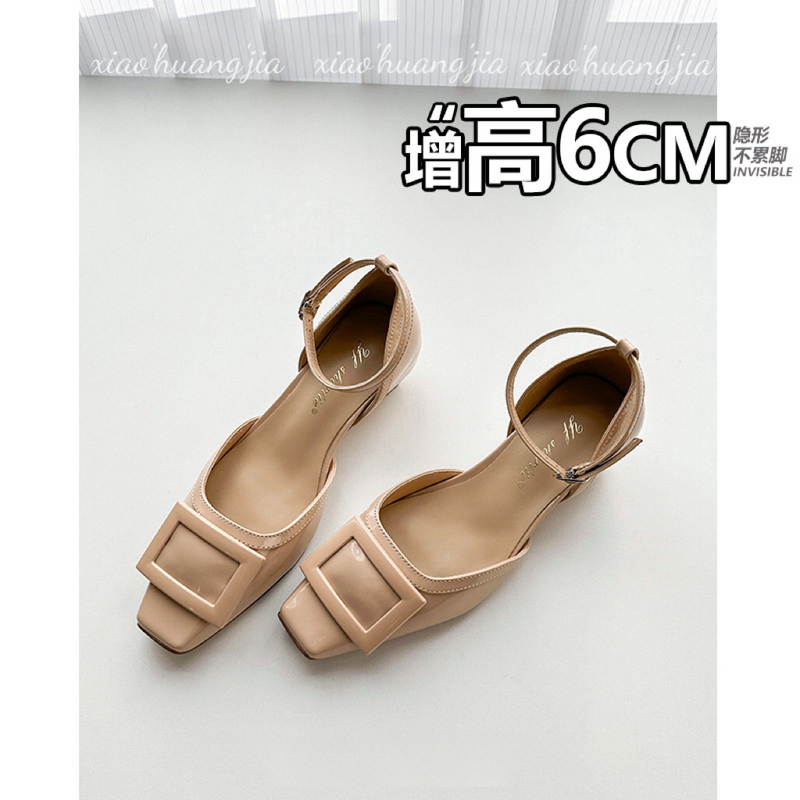 2026 New Style Square-Toe Sandals for Women, 6cm Hidden Heel for Petite Figures, Patent Leather Color-Blocking, Single Strap Hollow Chunky Heel Shoes