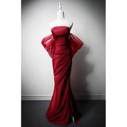 Simple wine red soft satin, flowing, elegant, shoulder, shoulder bride, wedding, wedding, fish tail slim night dress long skirt
