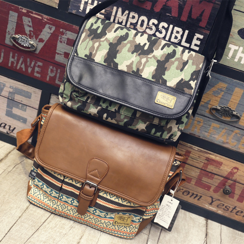 New trendy brand men's and women's shoulder bag retro casual cross-body bag canvas stitching shoulder bag ethnic style trend Korean version bag