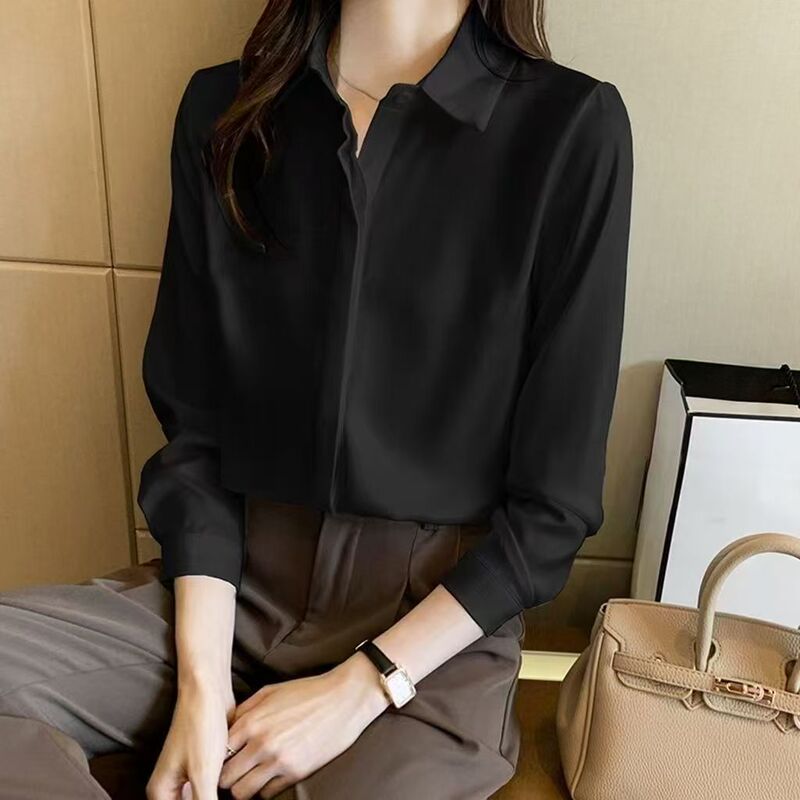 Black Shirt for Women, Autumn French Style Commuter Long-Sleeve Shirt, Women's Professional Workwear Versatile White Shirt Top