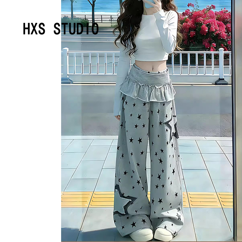 Korean-Style Full-Print Star Fake Two-Piece Drawstring Hem Sweatpants for Women, 2026 Summer New Sports Casual Pants