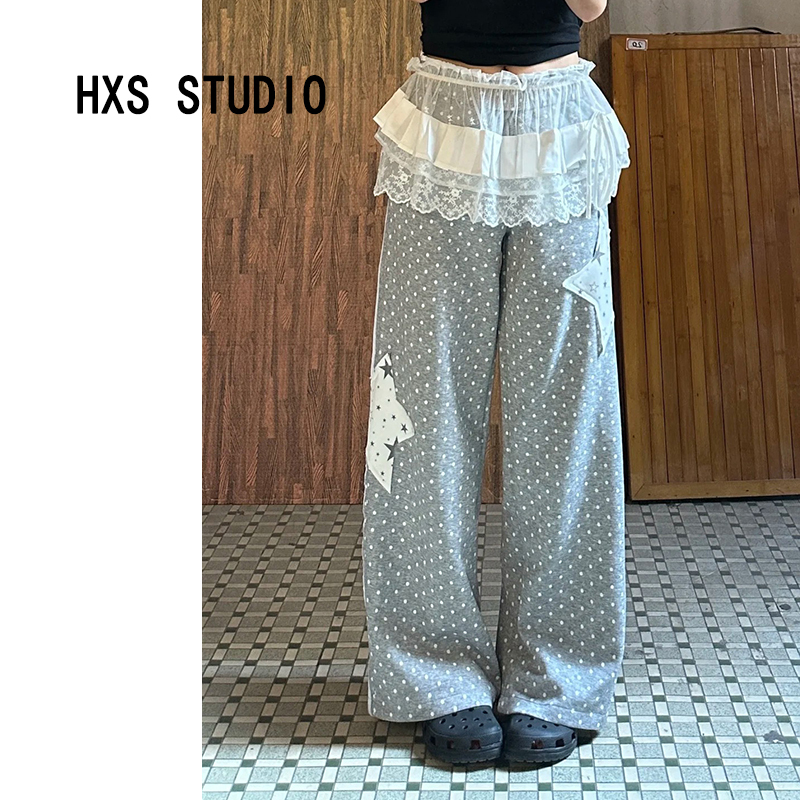 All-Over Polka Dot and Star Patchwork Sweatpants for Women, 2026 Spring New High-Waisted Lace Trim Straight-Leg Pants