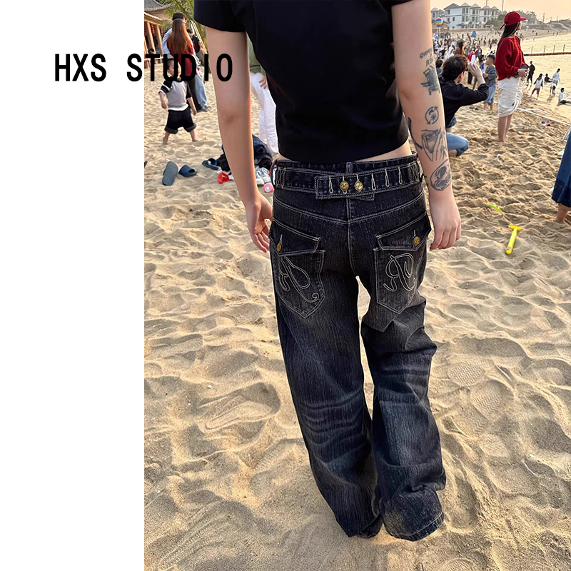 Vintage-Inspired Paris Buckle Straight-Leg Jeans for Women, 2026 Summer New Low-Waist Slimming Floor-Length Pants