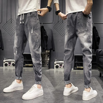 Autumn nine-point jeans mens Korean slim foot pants Tide mens 9-point pants casual hole pants mens pants