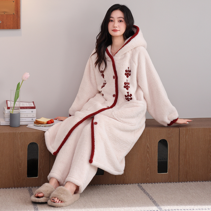 Coral Velvet Pajamas for Women, Winter Thickened and Fleece-Lined, Autumn and Winter Flannel Nightgown, Long Pants, Home Wear, Bathrobe, Morning Robe