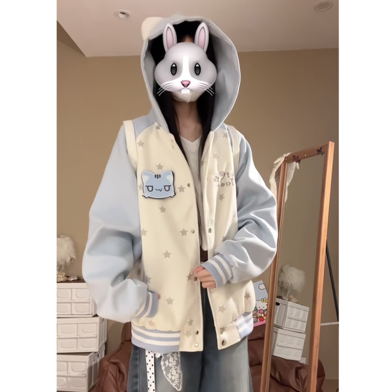 Cute and Adorable Cat Velcro Color-Block Embroidered Hooded Sweatshirt Jacket for Women, Versatile Baseball Jacket for Spring and Autumn Cute and Adorable Cat Velcro Color-Block Embroidered Hooded Sweatshirt Jacket for Women, Versatile Baseball Jacket for Spring and Autumn