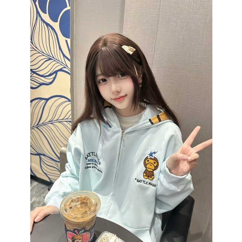 American Retro Style Monkey Embroidery Hooded Sweatshirt Jacket for Women, Loose Fit, Unique Design, Student Zip-Up Cardigan, National Trend American Retro Style Monkey Embroidery Hooded Sweatshirt Jacket for Women, Loose Fit, Unique Design, Student Zip-Up Cardigan, National Trend