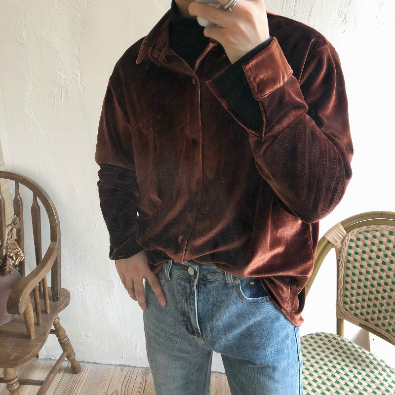 [JM] Phong cách retro của Anh, cashmere, mùa thu và mùa đông dày, ve áo ấm áp, phiên bản Hàn Quốc của áo sơ mi dài tay Nhật Bản, nam và nữ áo sơ mi cộc tay