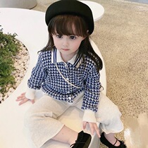 21 New Girl Autumn Clothing Blue White Thousands Birds Gsweater Baby Soft Glutinous Cardigan Children Superior Broadlegged Pants Suit