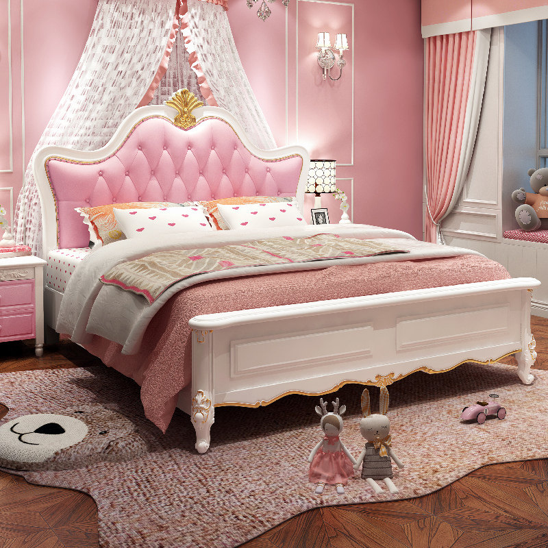 Solid wood Children's bed girl princess bed daughter pink European-style girl genuine leather girl dream bedroom solid wood bed