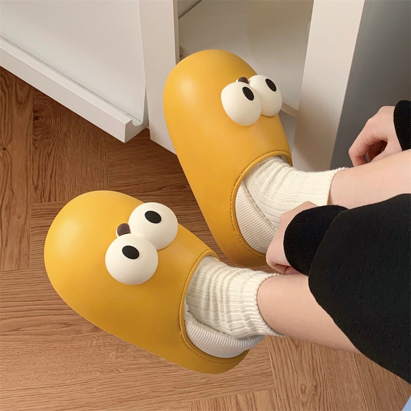 Cute Big-Eyed Cotton Slippers with Thin Straps, Suitable for Men and Women, Indoor and Outdoor Use, Warm Eva Waterproof Couple's Cotton Shoes for Winter