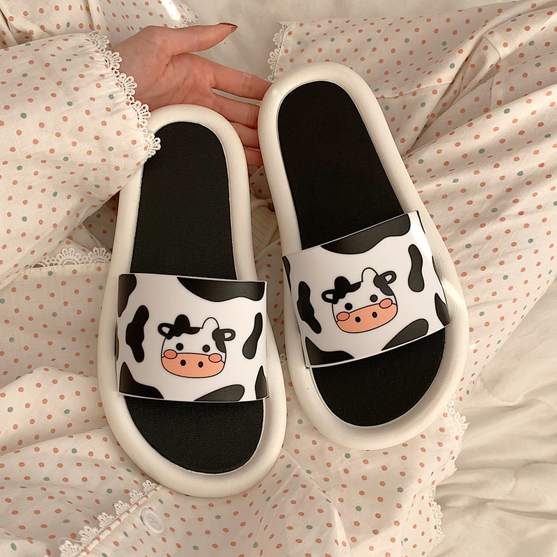 Cute Cartoon Ins-Style Slippers for Women, Summer Korean Version, Cow Pattern, Indoor Home Use, Non-Slip Bath Sandals with Soft Soles