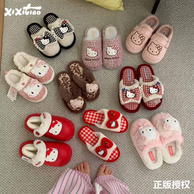 Thin Strips Genuine Hello Kitty 2025 New Winter Cute Plush Home Cotton Slippers for Girls