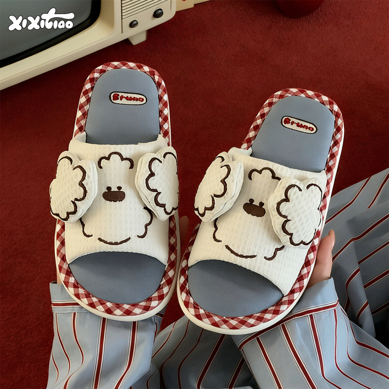 Thin Strips Genuine Miiiiichan Collaboration All-Season Cute Dog-Themed Home Floor Cotton and Linen Slippers for Women