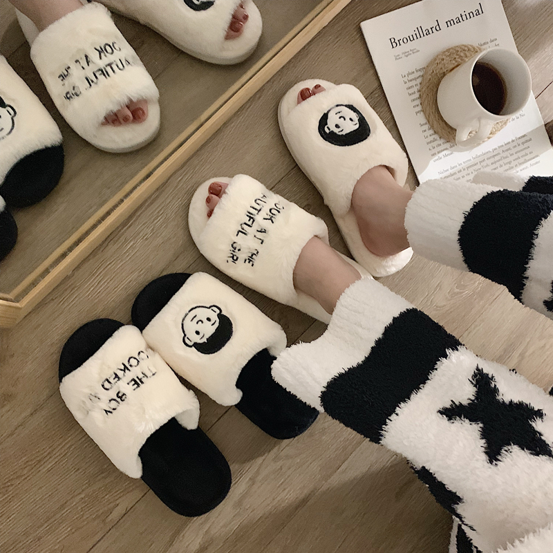 Thin strips new fashion ins wind couple cotton slippers women autumn and winter home use non-slip warm plush cotton shoes men