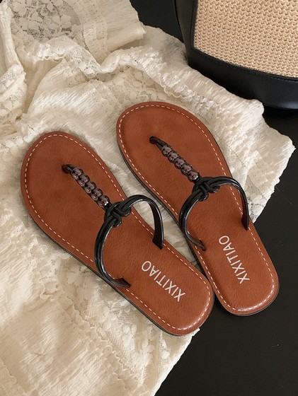 细细条 法式高级感串珠人字拖女夏季海边防滑外穿夹脚沙滩凉拖鞋