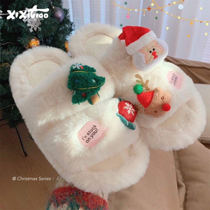 Thin Strips of Fabric, Cute and Trendy Santa Claus Furry Slippers for Women, Autumn and Winter Casual Home Cotton Slippers