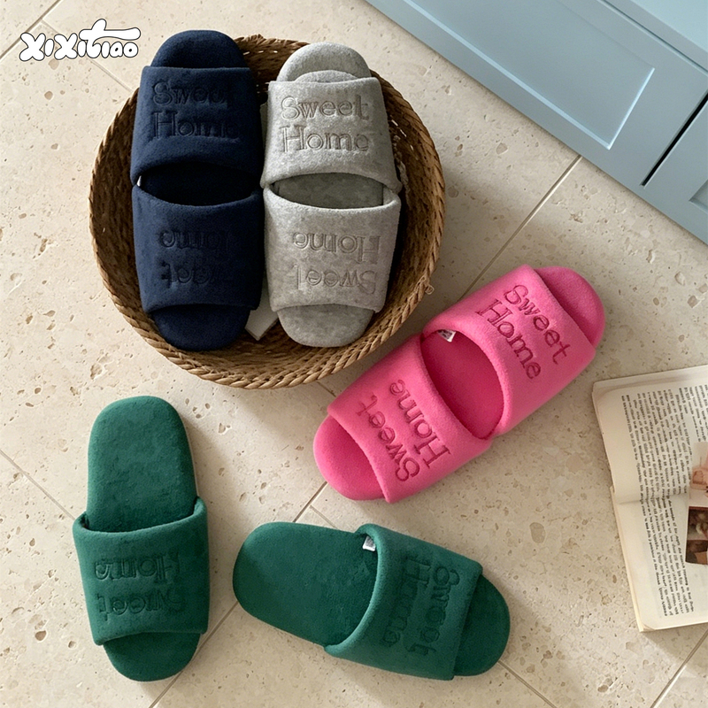Thin Strip Letter Embroidery Couple Cotton Slippers, Breathable for All Seasons, Silent Indoor Floor Shoes for Men and Women, Korean Style