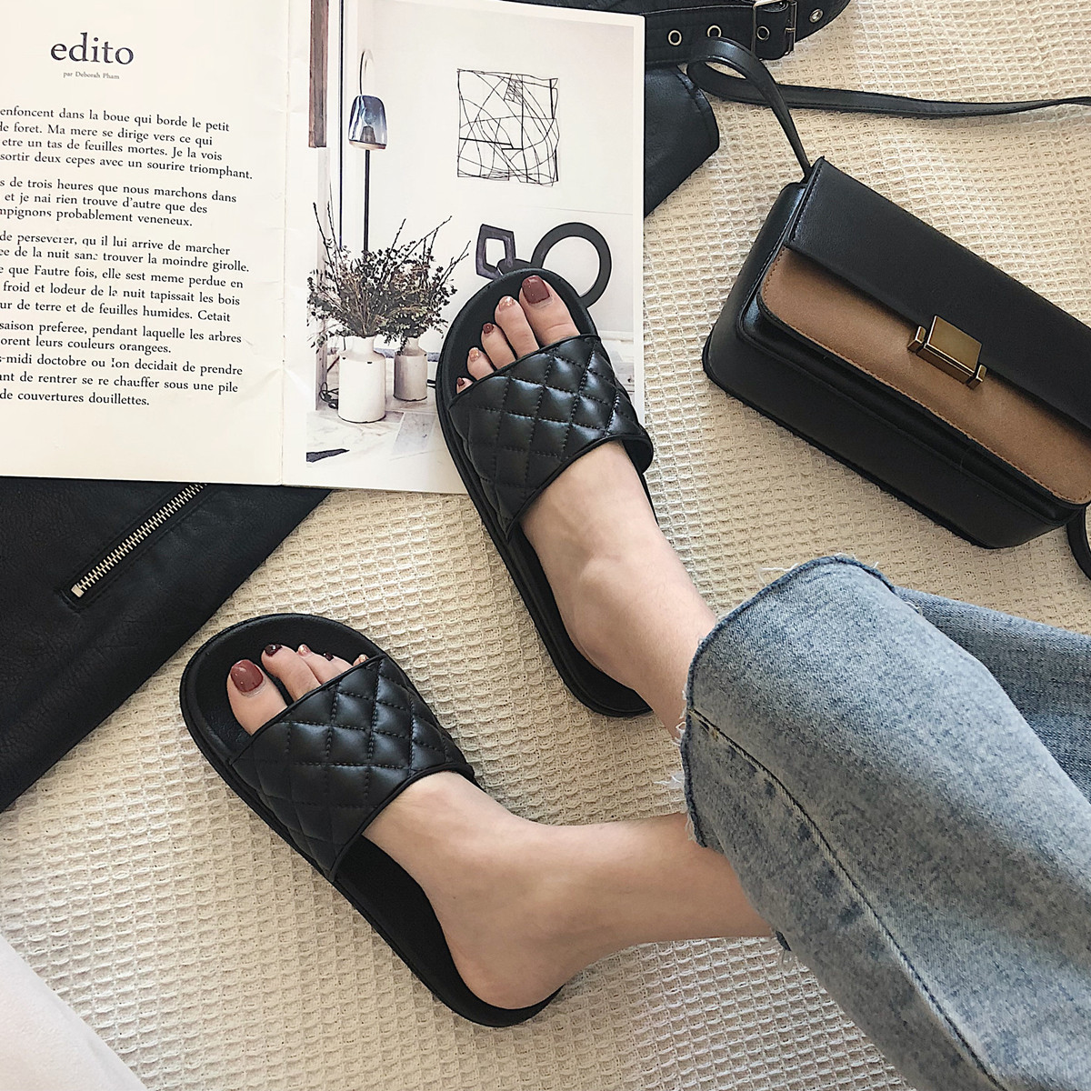 Fine strips and slippers wear Summer Net red in the thick and simple diamond thick and slippers sand beach