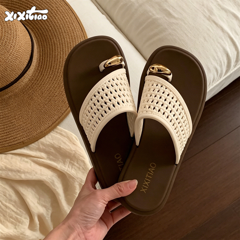 Thin Strap Lazy Style Woven Flip-Flops for Women, Summer Non-Slip Flat Vacation Beach Thong Sandals Thin Strap Lazy Style Woven Flip-Flops for Women, Summer Non-Slip Flat Vacation Beach Thong Sandals