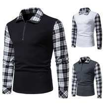 2022 long sleeve t-shirt for mens turn over fake two pieces of spring autumn youth loose polo shirt zipped plaid ins blouses