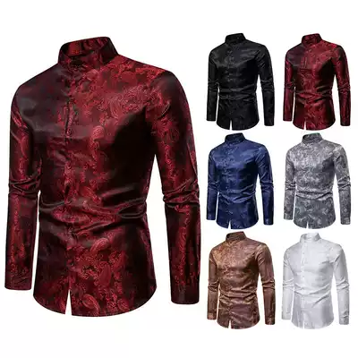 2020 autumn men's men's personality European version of dark pattern flower stand-up collar long-sleeved shirt shows men's groom shirt