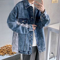 2022 Spring Autumn New Denim Eggplant Jacket Male Teen Printed Splicing Thin Jacket Casual Loose Jacket Tide