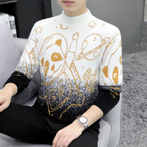 Suede Spring Autumn Season Sweater Mens New Loose Trend Semi-High-Collar Personality Teenagers Cute Gradient Needle Weaters
