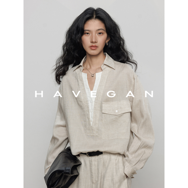 Havegan/Autumn Lapel Long Sleeve Faux Two-Piece Shirt for Women in Old Money Style, Tencel Linen Relaxed Top