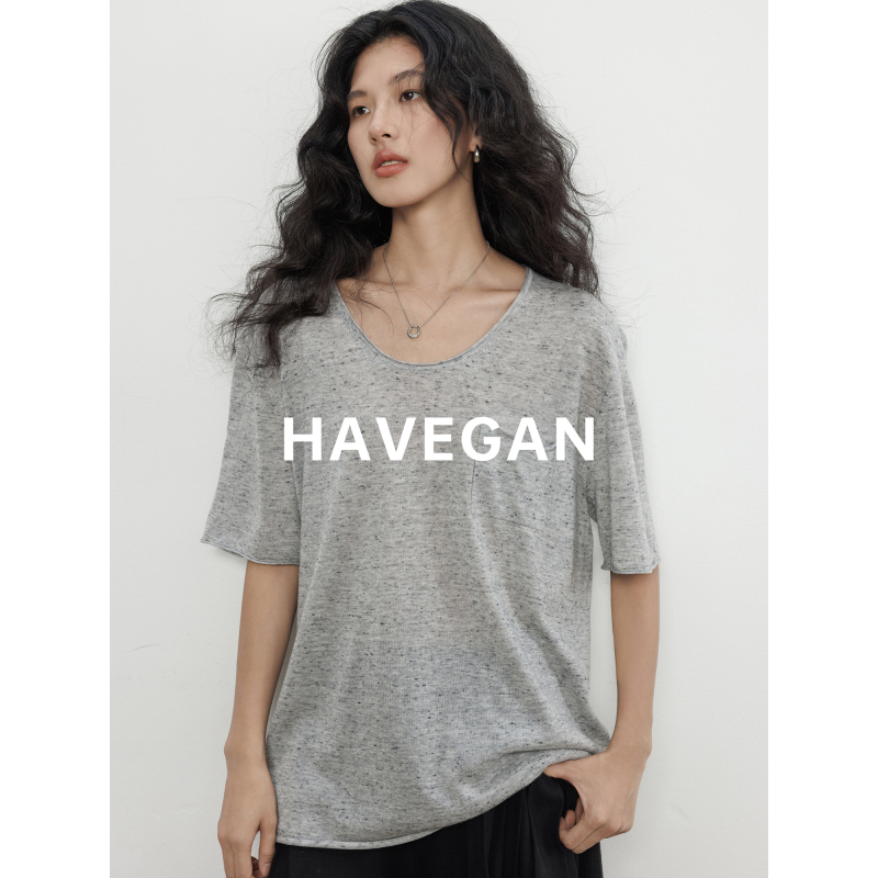 Havegan/Summer U-Neck Thin Knit T-Shirt for Women, Relaxed and Lazy Style, Old Money Style, with Linen and Wool Blend Top Havegan/Summer U-Neck Thin Knit T-Shirt for Women, Relaxed and Lazy Style, Old Money Style, with Linen and Wool Blend Top