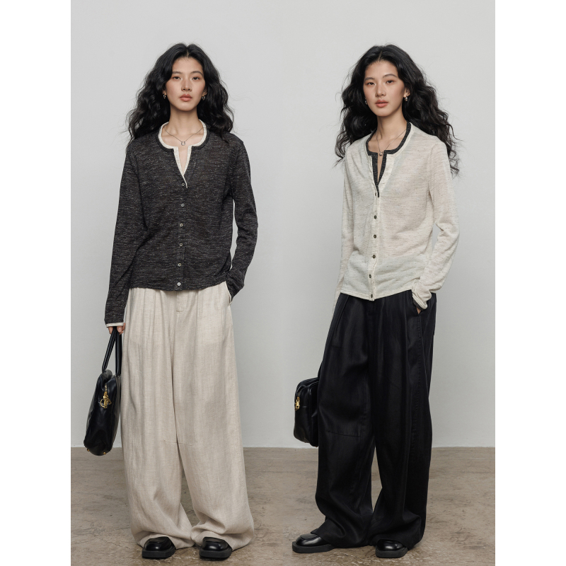 Havegan/Autumn V-Neck Linen Blend Faux Two-Piece Knit Cardigan for Women with a Design-Inspired Old Money Style Commuting T-Shirt