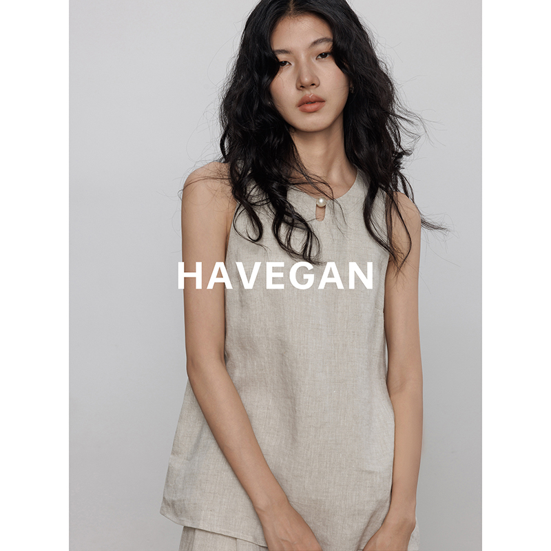 Havegan/Relaxed Casual Round Neck Sleeveless Vest for Women Linen 2026 New Old Money Style Set