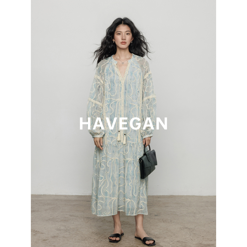 Havegan/Summer V-Neck Embroidered Design Dress for Women, Lazy Old Money Style, Elegant Vacation Long Dress Havegan/Summer V-Neck Embroidered Design Dress for Women, Lazy Old Money Style, Elegant Vacation Long Dress