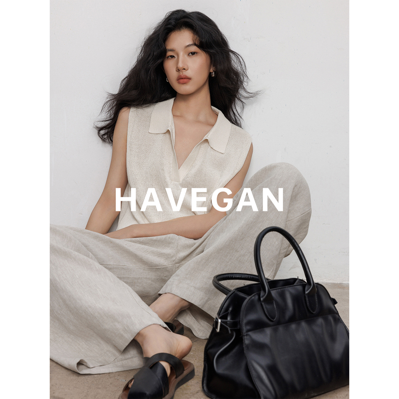 Havegan/V-Neck Sleeveless Knitted Vest for Women, Summer Collared Design, Loose Top Made of Combed Cotton