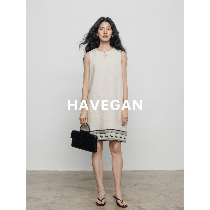Havegan/Summer Round-Neck Design 100% Linen Vest Dress for Women with Print in Old Money Style Short Dress