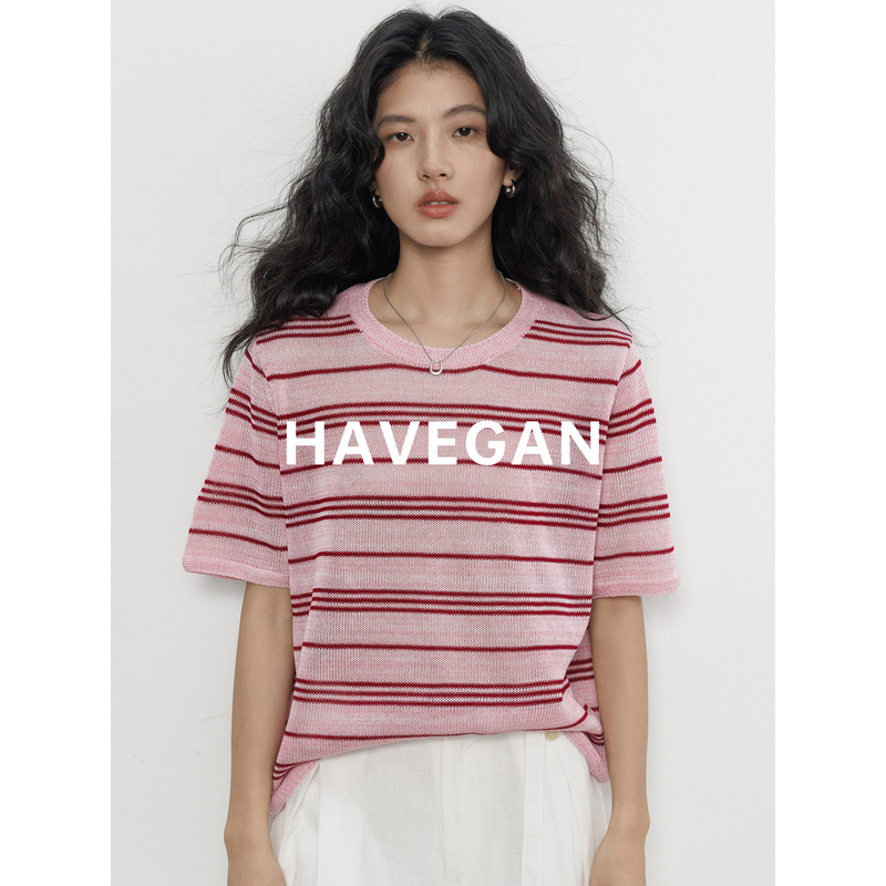 Havegan/Summer Round Neck Short-Sleeved Knitwear Women's Striped Design T-Shirt Lazy and Relaxed Work Clothing Top Havegan/Summer Round Neck Short-Sleeved Knitwear Women's Striped Design T-Shirt Lazy and Relaxed Work Clothing Top